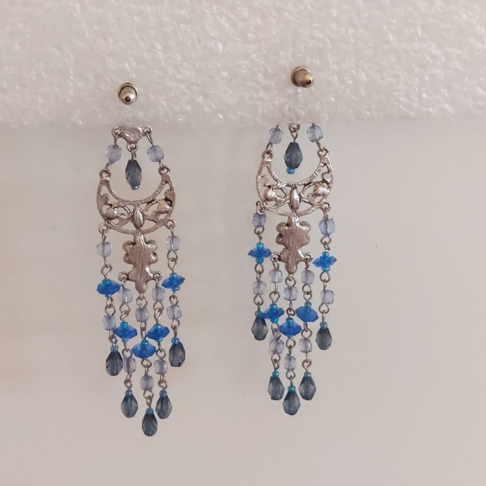SOLD Silver & Blue Rhinestone Beaded 4" Dangle Earrings 💕HP💕 - Picture 2 of 2